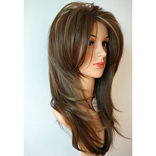 Long Layered light Brown with Blonde wig Balayage color wig with brown with blonde highlight wig Synthetic Hair Multicolor for white Women