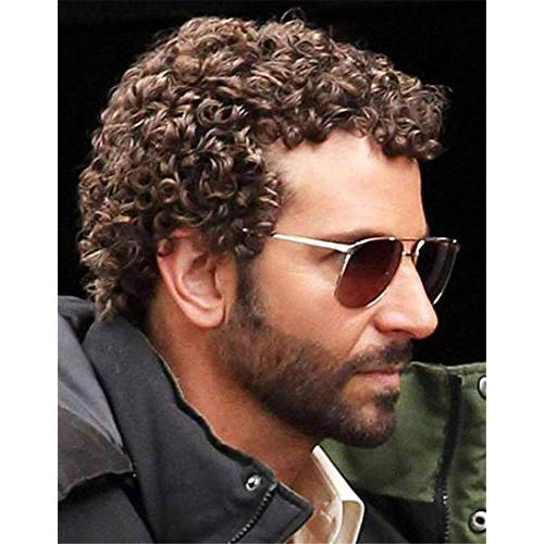 Swiking Mens Short Brown Afro Curly Wig for Male Guy Rocker Wig California Halloween Cosplay Costume Full Wigs
