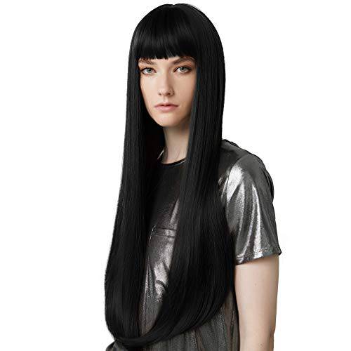 REECHO 28 Super Long Straight Wig with bangs Synthetic Hair for White Black Women Cosplay Color: Black