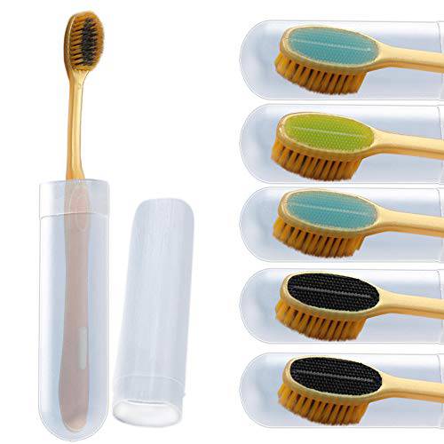 Synra Charcoal Toothbrush with Travel Case, 7” x 1”, Rubber Tongue Scraper, Soft Angled Bristles, 6 Pieces per Pack