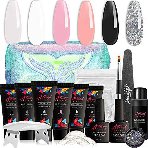 Astound Beauty Poly Nail Gel Kit with UV Lamp, Slip Solution and Glitter, Clear, Black, White Poly Nail Gel Kit - Poly Nail Gel All-in-One Manicure Kit