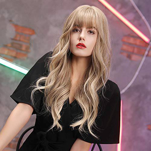 HAIRCUBE 24 Inch Ash Blonde Wig Long Curly Wigs for Women Heat Resistant Synthetic Wigs for White Women with Bangs Gray