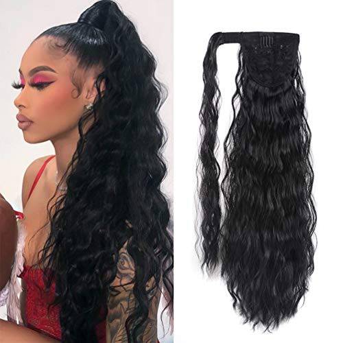 YEAME Corn Wave Ponytail Extension Clip in - 22 Inch Long Wavy Curly Wrap Around Pony Tail Heat Resistant Synthetic Hairpiece for Women (Natural Black 1B)