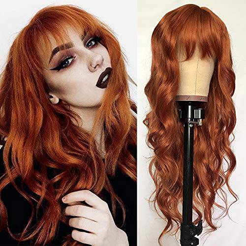 QD-Tizer Ginger Orange Color Loose Wave Hair Replacement Wigs for Fashion Women Heat Resistant Synthetic No Lace Wigs with Full Bangs