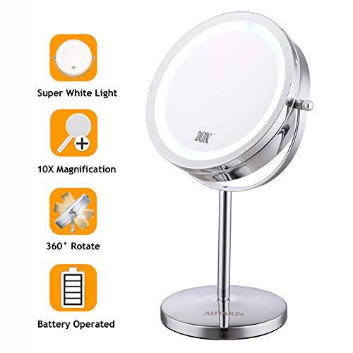 ALHAKIN Lighted Makeup Mirror, 10x Magnifying Mirror with Lights, 7 Inch Double Sided Vanity Mirror, 360°Rotation Swivel Cosmetic Mirror, Chrome Finish