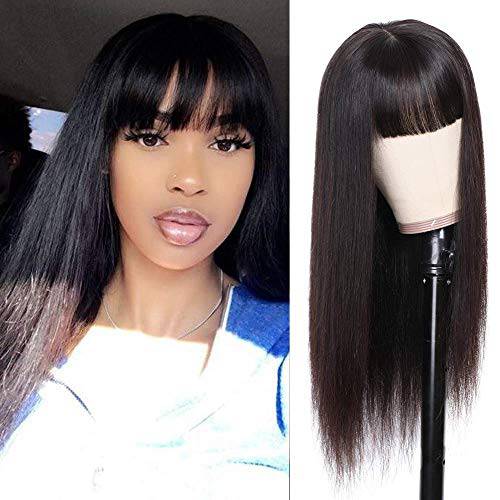 ISEE Brazilian Straight Human Hair Wigs with Bangs 180% Density None Lace Front Wigs Human Virgin Hair Glueless Machine Made Wigs for Black Women Natural Color (16inch)