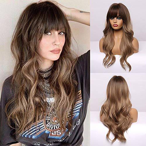 OUFEI 24 Inches Long Ombre Dark Blonde Wig with Bangs Natural Synthetic Heat Resistant Hair Wavy Wigs for Women Daily Party Use