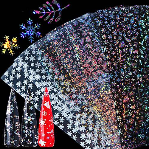 Snowflakes Nail Art Foil Transfer Stickers Christmas Nail Art Supplies 3D Holographic Laser Winter Nail Sticker Decals Xmas Foils Transfer Snowflake Design Christmas Nail Decorations (10 Sheets)