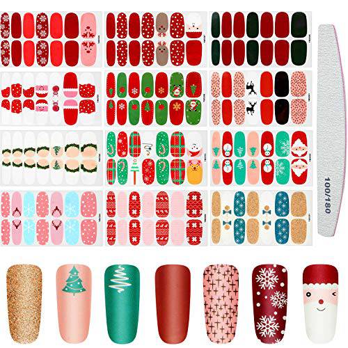 12 Sheets Christmas Nail Stickers Christmas Nail Wraps for Women Nail Polish Strips Full Nail Wraps with Deer Snowman Xmas Tree and Nail File for Art Christmas Decoration Manicure (Cute Style)