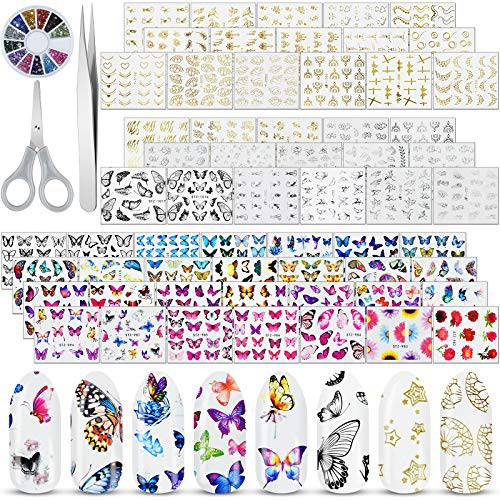 Nail Stickers 60 Sheets, EAONE Butterfly Nail Stickers Water Transfer Self-Adhesive Flower Nail Tattoos Decals Gifts for Women Girls Gel Polish with Nail Gems Tweezers and Scissors Decoration Kits