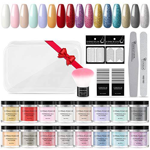 16 Colors Dip Powder Nail Set Nude Glitter Acrylic Dipping Powder with Dip Nail System Stickers Manicure Tools Brush File Essential Tools Kit for French Nail