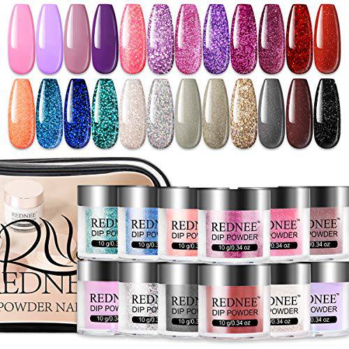 REDNEE 33 Pcs Fast Dry Dip Powder Nail Starter Kit 24 Colors Gray Silver Sparkle Advanced Formula Acrylic Dipping Powder System with Base & Top Coat Activator RE13