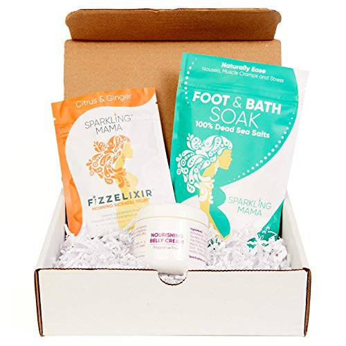 Sparkling Mama Pregnancy Gift Set: Two Flavors Fizzelixir Morning Sickness Relief, Dead Sea Foot Soak, Apple Cider Vinegar Gummies, Nourishing Belly Cream, Massage Ball, Water Bottle & Sleep Eye Mask (Perfect for 1st Trimester, Expecting Mom), Ready to Gift
