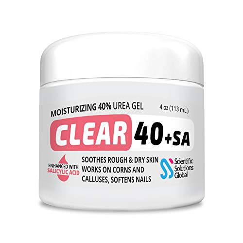 CLEAR 40 +SA, 40% Urea Gel + 2% Salicylic Acid, 4 oz w/Tea Tree & Coconut Oil, Aloe Vera, Callus & Corn Remover Softens Cracked Heels, Feet, Elbows, Hands, Nails, Superior hydration to Urea Creams