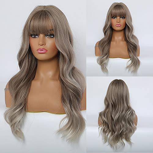 Esmee Blonde Ash Gray Long Wigs Heat Resistant Synthetic Cosplay Wavy Wigs with Bangs for Women