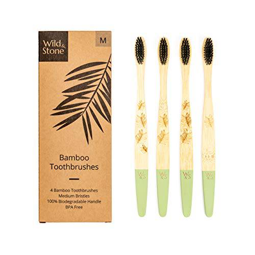 Wild & Stone | Medium Bristle Organic Bamboo Toothbrush | Four Handle Patterns | Medium Fibre Bristles | 100% Biodegradable Handle | Vegan Eco Friendly Bamboo Toothbrushes (Bamboo Green)
