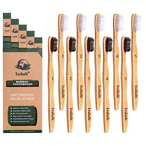 Isshah Soft Bristles Bamboo Toothbrushes, Black and White, Pack of 10
