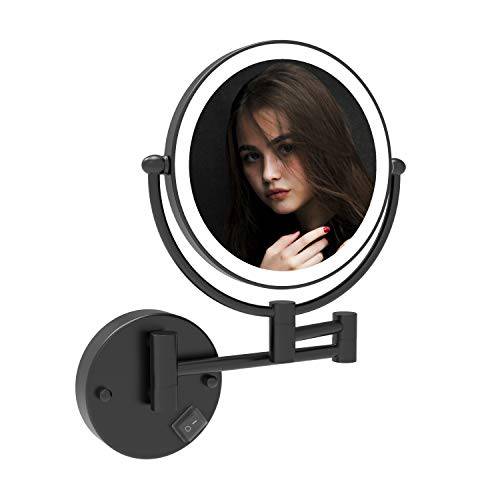 Fixsen 8 Inch LED Wall Mount Two-Sided Magnifying Makeup Vanity Mirror 12 Inch Extension Matte Black 1X/10X Magnification Plug 360 Degree Rotation Waterproof Button Shaving Mirror