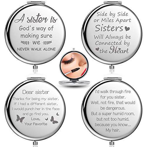 4 Pieces Compact Mirror Christmas Gift From Sister To My Sister Friends Funny Pocket Makeup Mini Mirror Graduation Birthday Gift Engraved Mirror for Her Birthday Sisters, Soul Sister