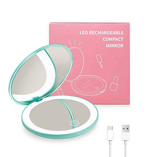 Kintion Compact Mirror with Light, 1X/10X Magnification Travel Mirror, Rechargeable Pocket Mirror LED Purse Mirror, 2-Sided, Folding, Handheld, Round, Small Makeup Mirror with Light for Gift (Cyan)