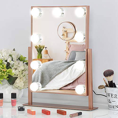 FENCHILIN Hollywood Mirror with Light Large Lighted Makeup Mirror Vanity Makeup Mirror Smart Touch Control 3Colors Dimable Light Detachable 10X Magnification 360°Rotation (Rose Gold)