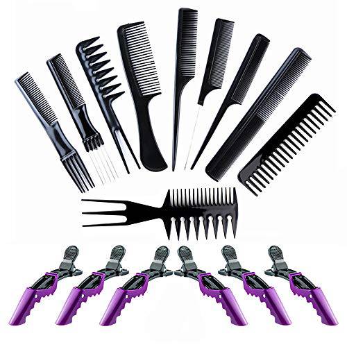 16Pcs Hair Combs Set for Women Men：10Pcs Hair Combs and 6Pcs Hair Clips, Rat Tail Combs, Teasing Combs,Barber Combs,Styling Combs ,Can Meet Your Different Needs,Comb Set for Hair Stylist(Black|Purple)