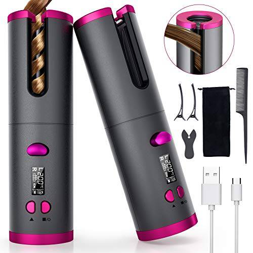 Fezax Cordless Auto Hair Curler, Automatic Curling Iron with LCD Display Adjustable Temperature & Timer, Portable Rechargeable Rotating Ceramic Barrel Curling Wand Fast Heating for Hair Styling