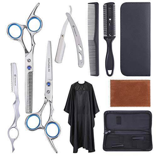 Marhaba AS Professional Hair Cutting Scissors for men and women,10 Pieces Hair Cutting kit, Hair Cutting and Thinning Shears, Stainless Steel Barber Scissors for Hair with Cape and Feather Razor