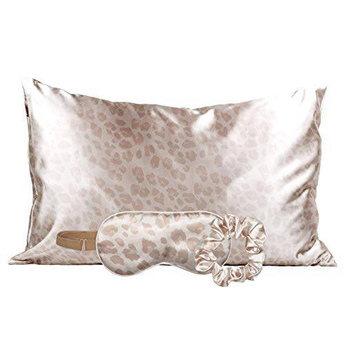 Kitsch Satin Sleep Set | Softer Than Silk pillowcase and eyemask Holiday Gift set - Includes 1 Satin Pillowcase | 1 Satin Eye Mask | and 1 Satin Volume Scrunchie | pillow case for hair (Leopard)