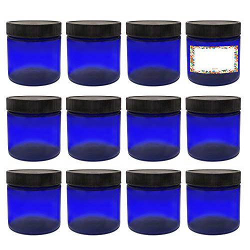 ljdeals 4oz Blue PET Plastic Jars with Lids, Refillable Empty Round Containers, Pack of 12, BPA Free, Made in USA, 12 Labels, Perfect for Kitchen, Cosmetic, Lotion, Personal Care Products and more