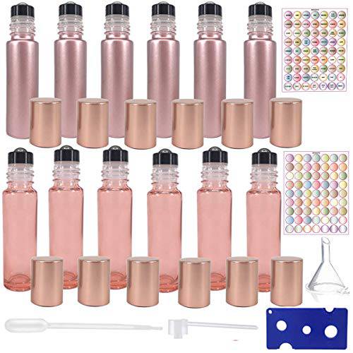 12pack 10ml Roller Bottles for Oils,Perfume Bottles,Roll on Bottle for Essential oils,Rollers Bottle Empty Glass essential oil Rollon Bottles Bulk(6rose gold+6clear pink) With Labels Opener Pipette