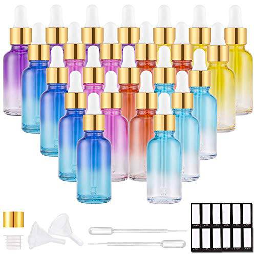 PrettyCare Eye Dropper Bottles 1oz (Rainbow Colored Glass Bottle 24 Pack 30ml with Golden Caps, 48 Labels, Funnel & Measured Pipettes) Empty Tincture Bottles for Essential Oils, Perfume