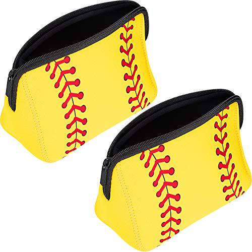 Boao 2 Pieces Softball Bag softball Print Makeup Bag Baseball Travel Cosmetic Pouch Bag Waterproof Neoprene Bag with Zipper (Yellow, 10.24 x 5.12 x 3.7 Inch)