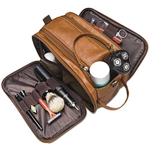 Frebeauty Toiletry Bag for Mens Large Dopp Kit Double zipper Travel Shaving Bag Synthetic Leather Cosmetic Bag Toiletries Accessories Organizer for Suitcase (Brown)