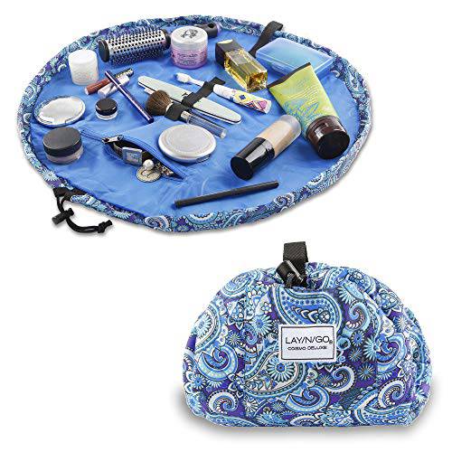 Lay-n-Go Cosmo Deluxe Drawstring Cosmetic & Makeup Bag Organizer, Toiletry Bag for Travel, Gifts, and Daily Use, 22 inch, Blue Paisley