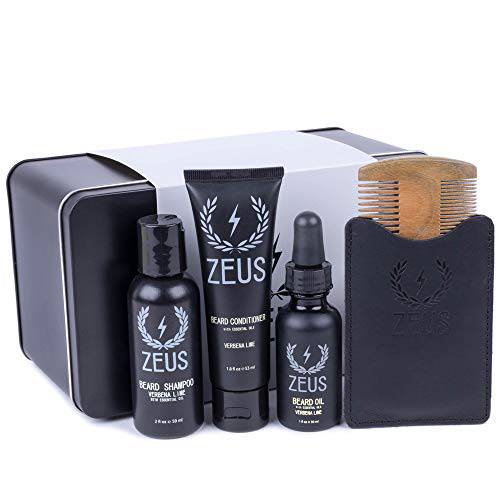 ZEUS Essential Travel Sized Beard Oil Set, Starter Kit, Cleans, Conditions, Moisturizing, Tames Hair, Aides Itchy Skin - Sandalwood