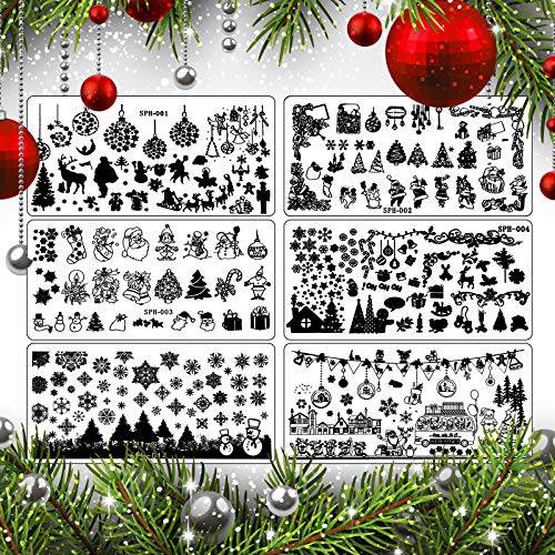 6 Pieces Nail Stamping Plate Image Stamping Templates Kit for DIY Print Manicure Salon Design (Christmas Style)