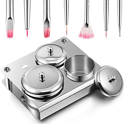 10 Pieces Acrylic Powder Holder, Includes 3 Pieces Stainless Steel Acrylic Liquid Cup Holder Nail Powder Container with Lid and 7 Pieces Nail Design Brushes Cosmetic Makeup Tools for DIY Nail Design