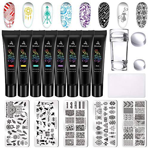 Biutee Nail Stamping Plates 5PCS Nail Stamping Polish Gel 8PCS Nail Stamper Set 1 Double Head Stampers with Scrapers Nail Art Stamping Kit Leaves Flowers Animal Template Image Plate