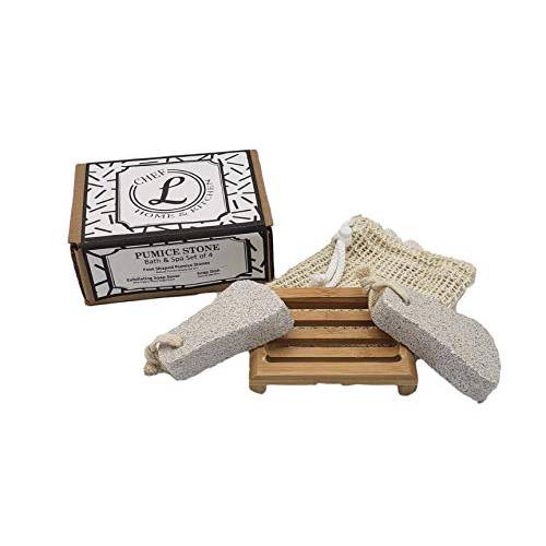 Pumice Stone Bath and Spa Set – Skin Care Set with Foot Scrubber, Multipurpose Sisal Soap Pouch and Bamboo Soap Tray – Exfoliating and Callus Remover – Natural Foot Stone