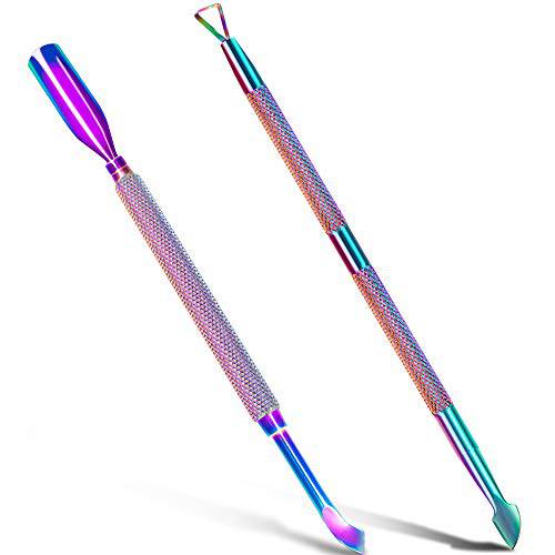 2PCS Metal Chameleon Cuticle Pusher and Cutter Remover Salon Quality Stainless Steel Acetone Gel Nail Polish Peeler Scraper Durable Manicure and Pedicure Cleaner Tool For Fingernail and Toenail