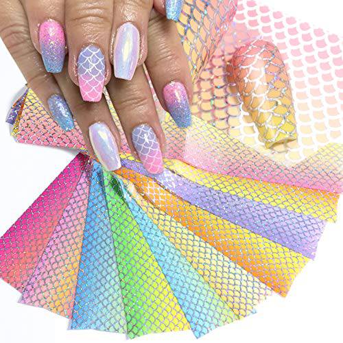 Kalolary 10 Sheets Mermaid Nail Foil Transfer Stickers, Holographic Gradient Iridescent Nail Decals Laser Fish Scales Starry Sky Nail Transfer Glitters Stickers for Women Girls DIY Nail Decoration
