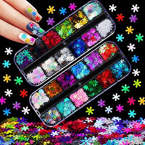 24 Grids Christmas Snowflake Nail Design Sequins Xmas Colorful Snowflake Nail Glitters Holographic Shining Nail Flakes Iridescent Nail Design Decoration for DIY Manicure Decor (Multi Laser Color)