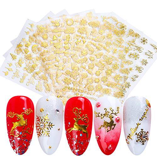 Macute Gold Nail Art Stickers 3D Christmas Nail Decals 9 Sheets Self-adhesive Snowflake Elk Xmas Tree Leaf Snowman Design Nails Supply Sticker for Women Manicure Tips Accessories Holiday Decorations