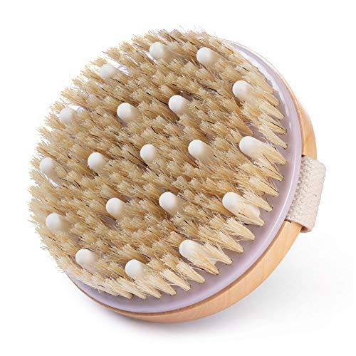 MainBasics Dry Body Brush Exfoliating Body Scrubber - Boar Bristles & Massage Nodules for Dry Skin, Blood Circulation, Cellulite Treatment, and Lymphatic Drainage