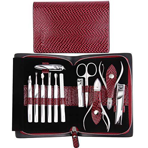 Gifts for Women, FAMILIFE Manicure Set Manicure Kit Professional Nail Clippers Set Pedicure Kit Luxury Nail Kit 12PCS Stainless Steel Pedicure Tools Grooming Kit with Red Snakeskin Pattern Travel Case
