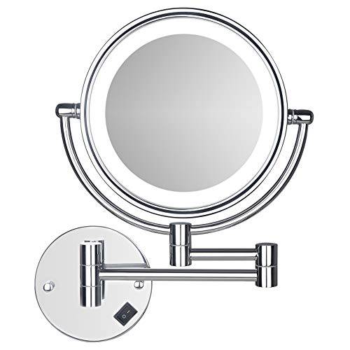 8 Inch LED Wall Mounted Makeup Mirror Double Sided with 1x/3x Magnification Extendable Lighted Magnifying Vanity Mirror with Light 360° Swivel Round Bathroom Mirror Powered by Plug in Chrome