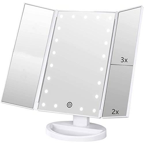 Infitrans 3 Folds Lighted Vanity Makeup Mirror,1X/2X/3X Magnification, 21 LED Bright Table Mirror with Touch Screen,180 Adjustable Rotation,Portable Travel Cosmetic Mirror