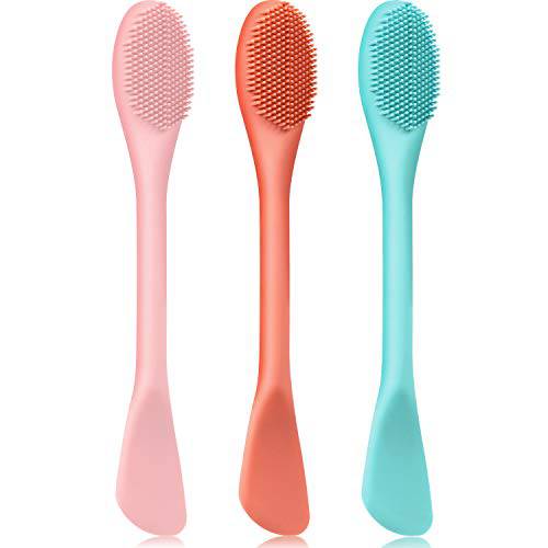 3 Packs Double-Ended Silicone Face Mask Brush Silicone Facial Mud Mask Applicator Brushes Cosmetic Makeup Brush Scoop Soft Silicone Beauty Brush Tools for Cream, Lotion (Light Green, Orange, Pink)