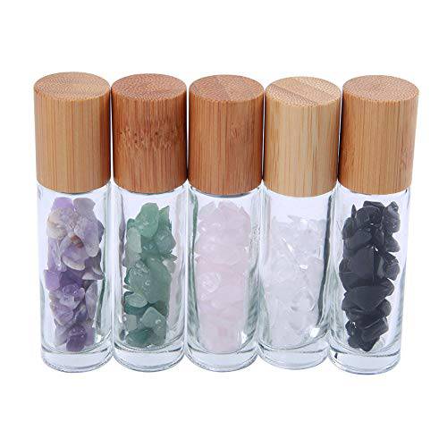 Constore 5 PCS 10ML Gemstone Roller Bottles,Refillable Roll On Bottles with Bamboo Lids Healing Crystal Chips Inside for Perfumes Aromatherapy Oils
